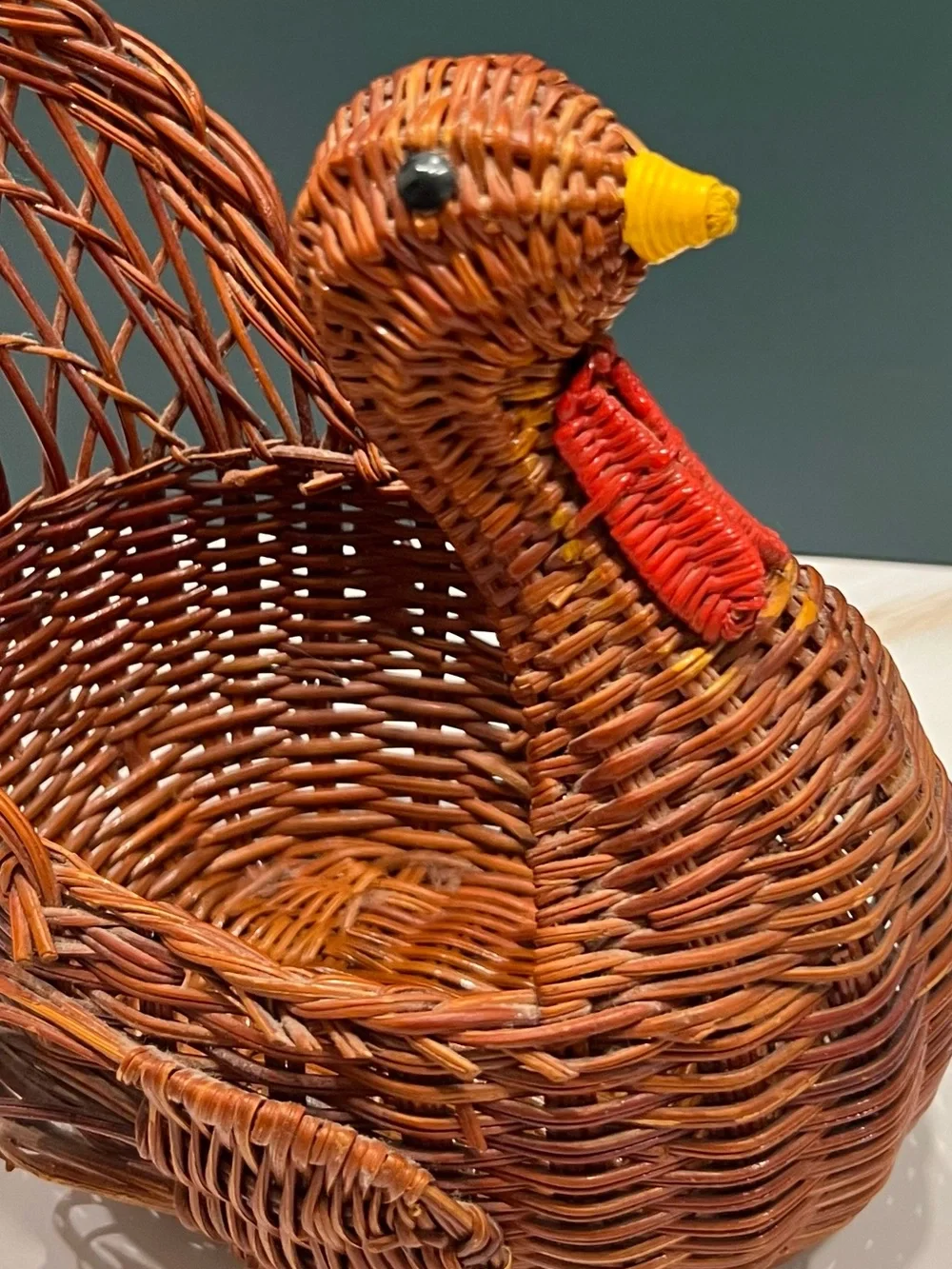 Vintage 1990s Woven Wicker Turkey Basket Thanksgiving Fall Farmhouse Cottagecore